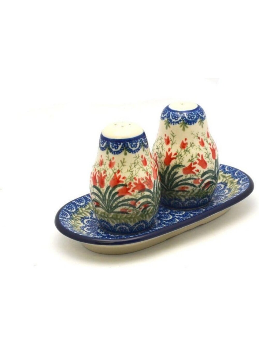 Handcrafted Polish Pottery Salt & Pepper Shakers - Vibrant Crimson Bells Design